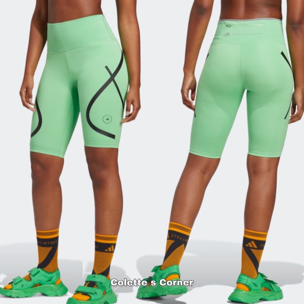 ADIDAS BY STELLA MCCARTNEY TRUEPACE CYCLING SHORTS GREEN BLACK HIGH WAISTED BIKE - Picture 3 of 3